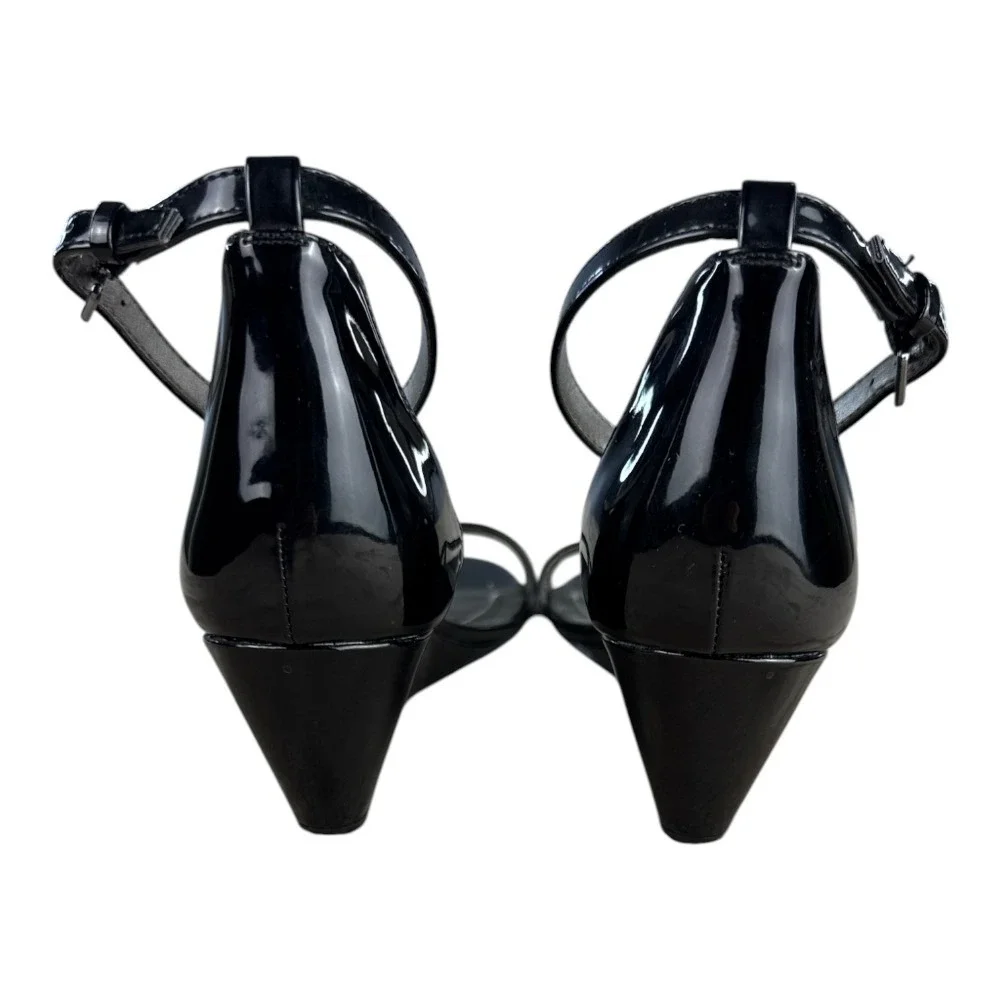 Bandolino Omira Black Patent Wedge Sandals Ankle‎ Strap Womens 8.5M Timeless